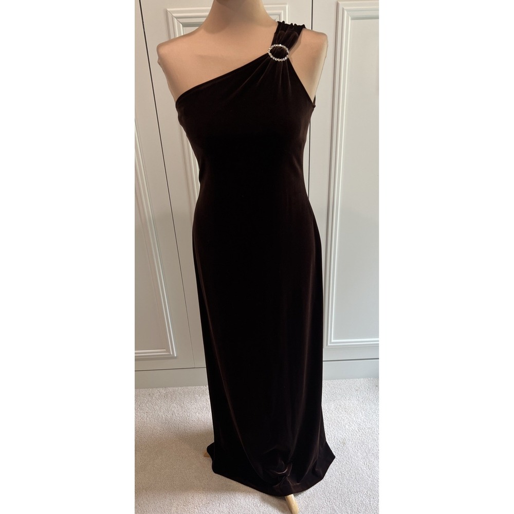 Patra Chocolate Brown Velvet One Shoulder Formal Dress Old Hollywood Elegant